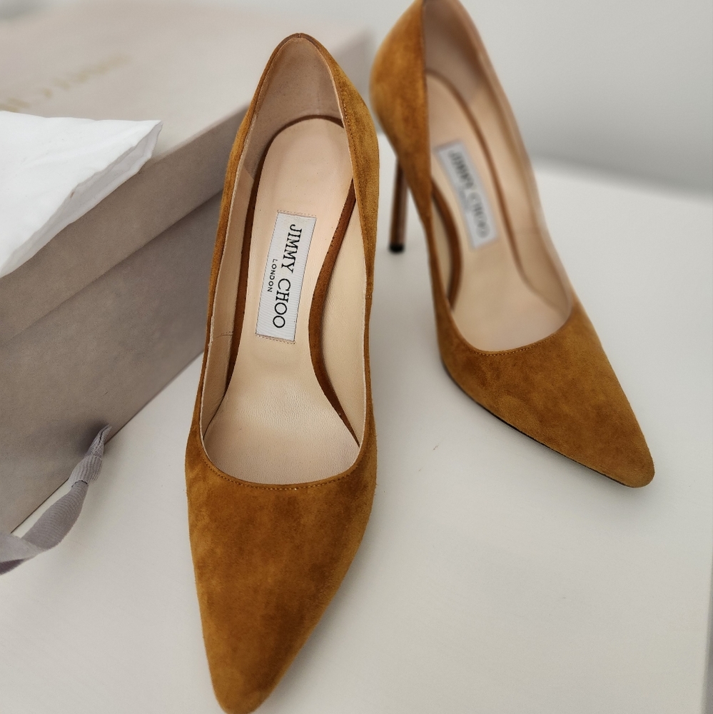 Jimmy Choo Mustard Suede Pointed Toe Stiletto Heels